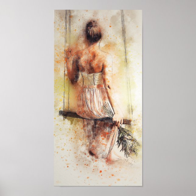 Poster Imprimer une fille sur une aquarelle à coudre (Devant)