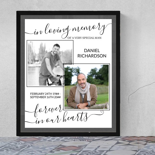 Poster In Love Memory Script 2 Photo Funeral (Funeral memorial poster to order professionally printed or as a printable digital download)