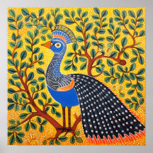 Indian Gond Art Peacock Jaune | Art de l'Inde