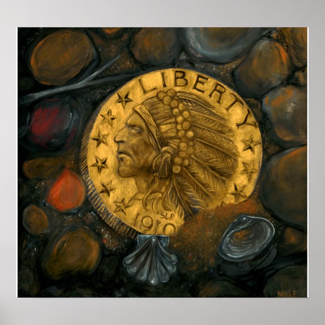 Poster Indian Head Gold $5 Semi Eagle huile sur gesso (Devant)
