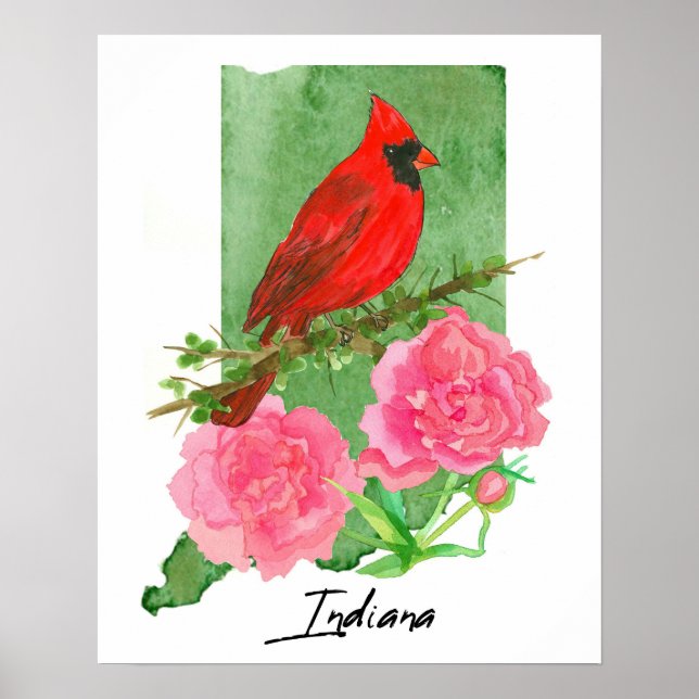 Poster Indiana State Shape Hoosiers Cardinal Peonies  (Devant)