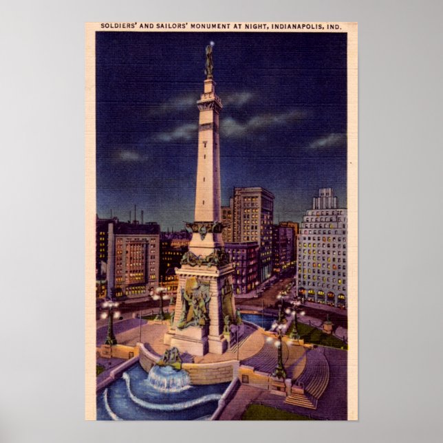 Poster Indianapolis Indiana Monument Circle à la nuit (Devant)