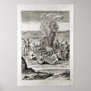 Poster Indiens priant autour d'un feu, gravure