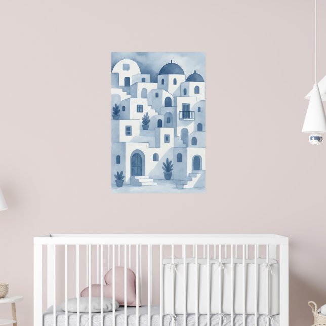 Poster Indigo Blue Mediterranean Village Watercolor Wall  (Pépinière 2)
