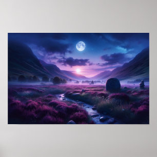 Poster Indigo crépusculaire à Highland sous la lune à cou