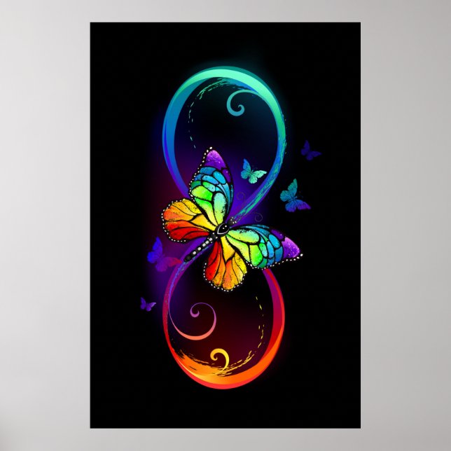 Poster Infini vibrant avec papillon arc-en-ciel sur noir (Devant)