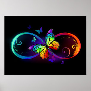 Poster Infini vibrant avec papillon arc-en-ciel sur noir