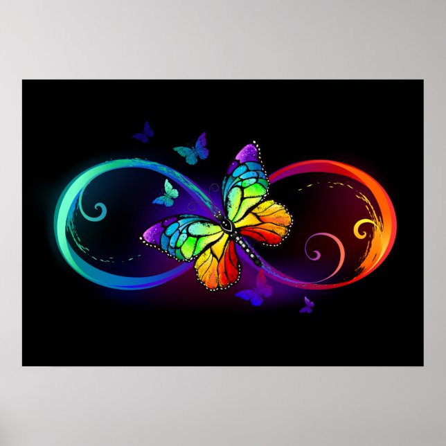 Poster Infini vibrant avec papillon arc-en-ciel sur noir  (Devant)