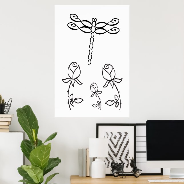 Poster Infinity Dragonfly with Roses Black and White (Bureau à domicile)