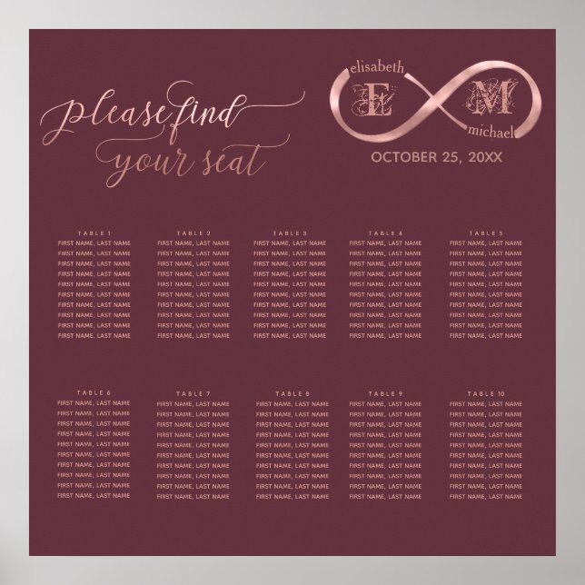 Poster Infinity rose or romantique monogramme calligraphi (Devant)