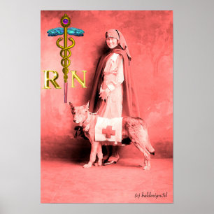 Poster INFIRMER ET SECOURIR DOG /Gold Caduceus RN Emblem