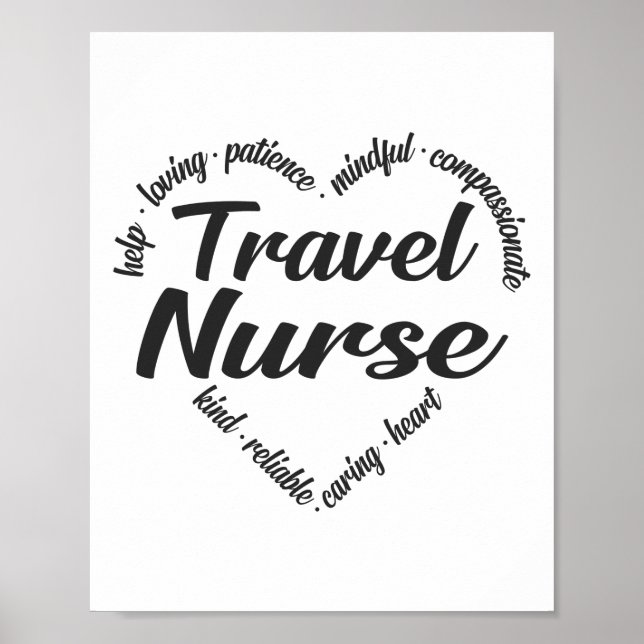 Poster Infirmière de voyage Coeur Mot Cloud (Devant)