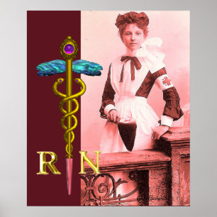 Poster INFIRMIÈRE RÉTRO et Emblème Caducée NR Or