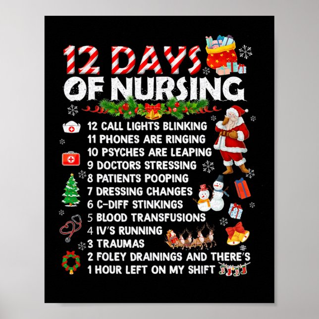 Poster Infirmières Joyeux Noël Amusants 12 Jours De Soins (Devant)