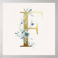 Poster initial F Golden et Blue Floral Monogram
