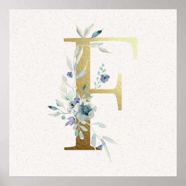 Poster initial F Golden et Blue Floral Monogram (Devant)