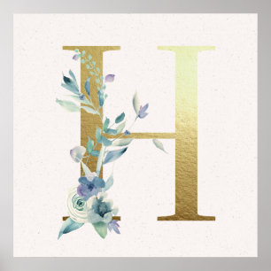 Poster initial H Golden et Blue Floral Monogram
