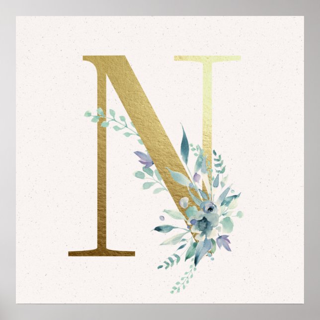 Poster initial N Golden et Blue Floral Monogram (Devant)