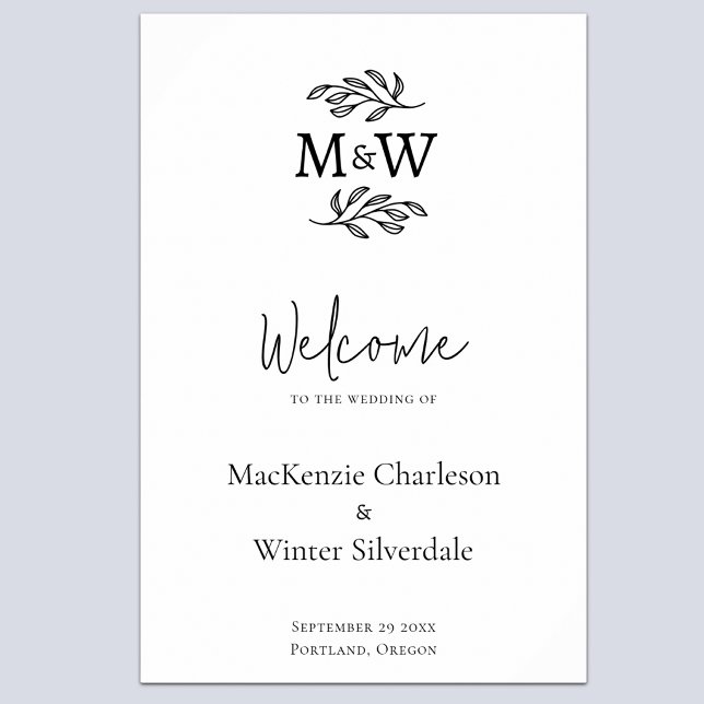 Poster Initiales de monogramme de couple de mariage botan (Modern minimalist wedding couple monogram initial wedding welcome sign)