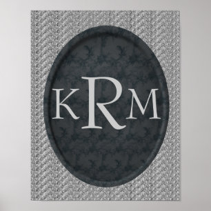 Poster Initiales Monogramme Élégant Fleur Noir