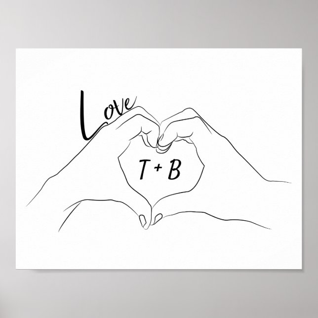 Poster Initiales monogrammes Love Heart Line Art Dessin (Devant)