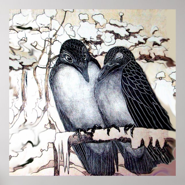 Poster INSÉPARABLES D'HIVER DANS LA NEIGE Noir Blanc (Devant)