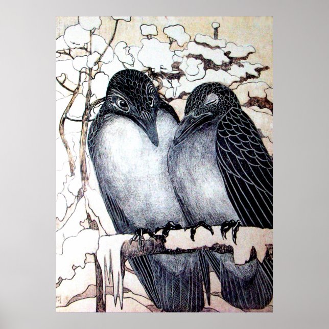 Poster INSÉPARABLES D'HIVER DANS LA NEIGE Noir Blanc (Devant)