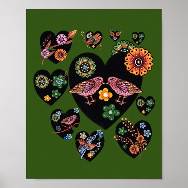 Poster Inséparables Scandinaves Folk Art Saint Valentin (Devant)