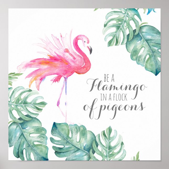 Poster Inspiration Aquarelle tropicale Flamant rose rose (Devant)