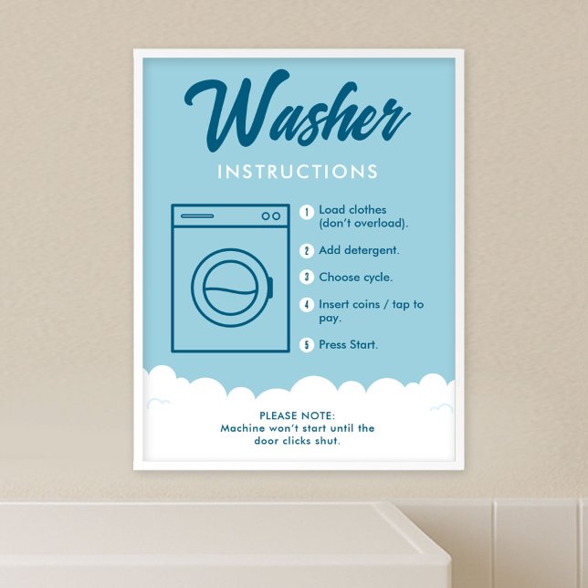 Poster Instructions de lave-linge Panneau d'affichage de  (Fully editable blue and white laundromat washer instructions poster template)
