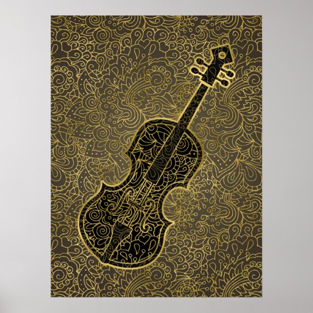 Poster Instrument de musique Cello Gold Taupe Filigree (Devant)