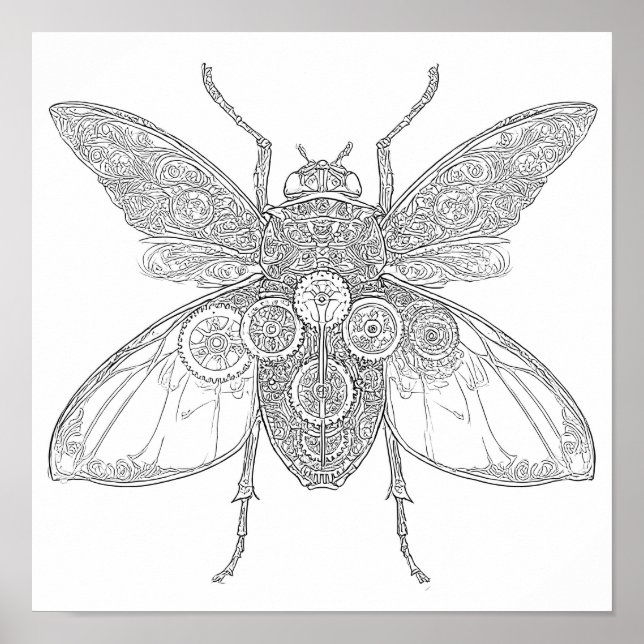 Poster Intricate Adult Coloring Page: Steampunk Insect (Devant)