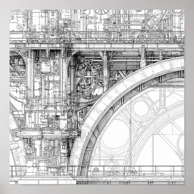 Poster Intricate Steampunk Scaffolding Technical Line Art (Devant)