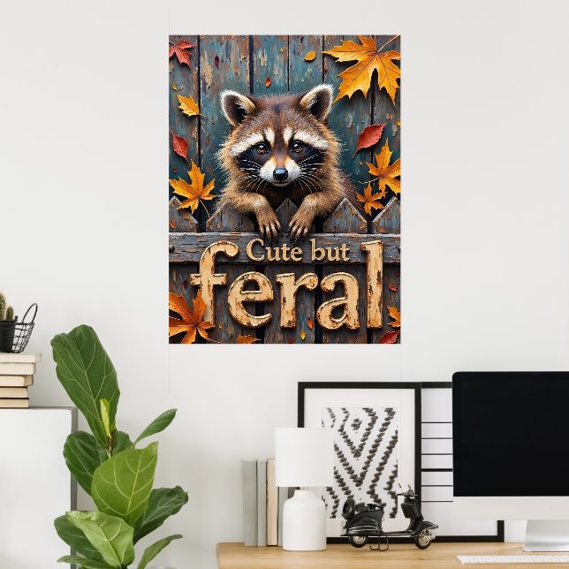 Poster Intruder d'automne : Raccoon sur la clôture de poc (Bureau à domicile)