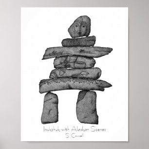 Poster Inukshuk avec l'art d'Alaska de dotwork de scènes