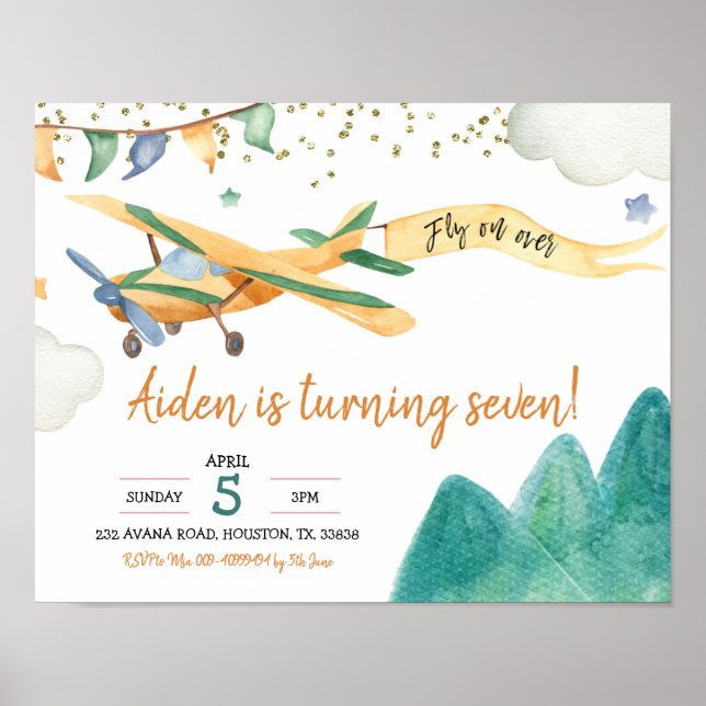 Poster Invitation de fête d'anniversaire du pilote d'avio (Devant)