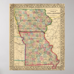 Poster Iowa, Missouri Carte par Mitchell