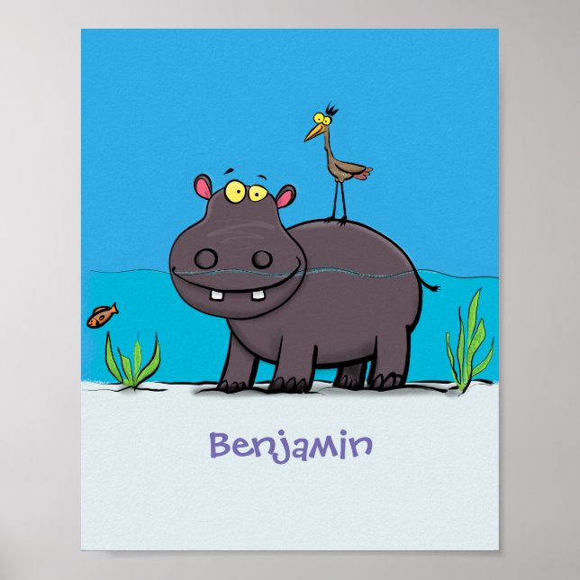 Poster Ippopotame drôle mignon avec dessin animé d'oiseau (Devant)