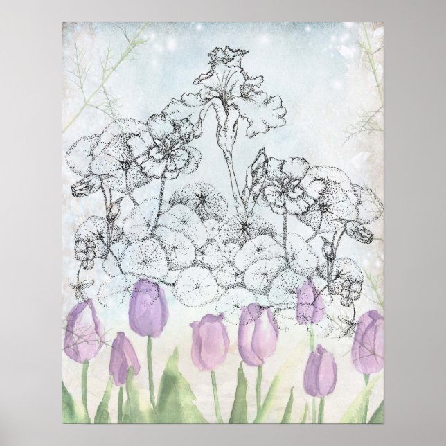 Poster Iris Purple Tulip Aquarelle Fleurs Collage (Devant)