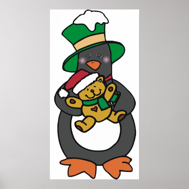 Poster Irish Penguin Holding Christmas Teddy Bear (Devant)