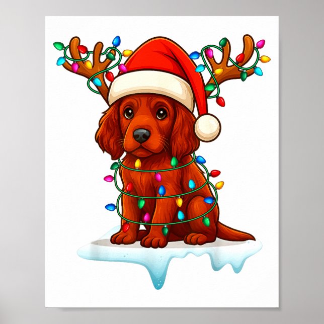 Poster Irish Setter Christmas Santa Hat Reindeer Lights P (Devant)