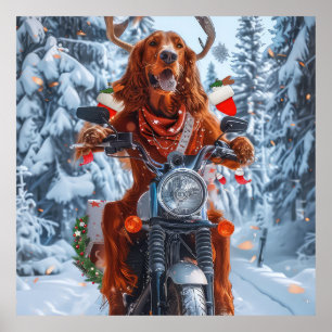 Poster Irlandais Red Setter Chien chevauchant la moto Noë