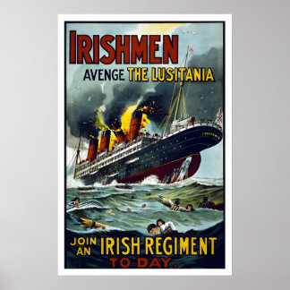 Poster Irlandais ! Vengez le Lusitania ! Réclame de recru