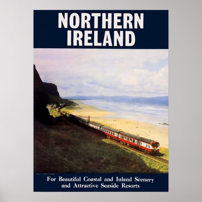 Poster Irlande du Nord, train ferroviaire sur la côte (Devant)