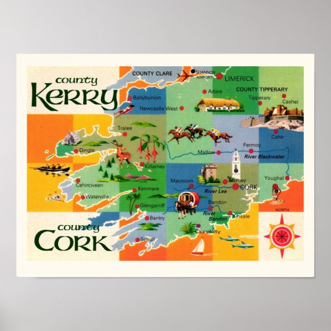 Poster Irlande : Kerry & Cork Map Print (Devant)