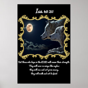 Poster Isa 40:31 Loups regardant la pleine lune.