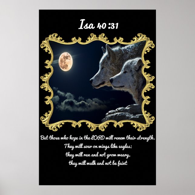 Poster Isa 40:31 Loups regardant la pleine lune. (Devant)