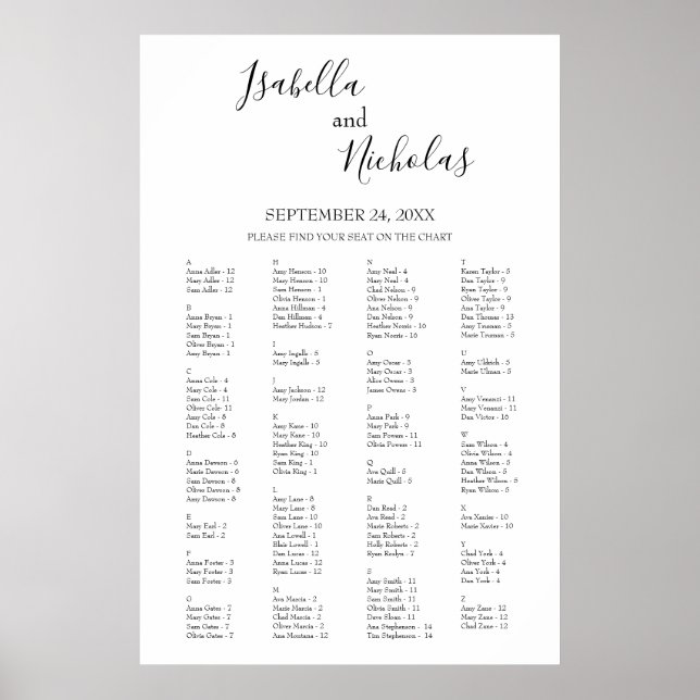 Poster Isabella Elegant Alphabetical Seating Chart (Devant)