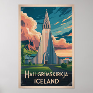 Poster Islande Hallgrimskirkja Illustration Voyage Art
