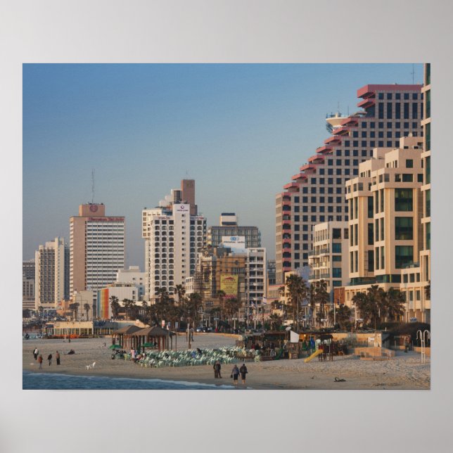 Poster Israël, Tel Aviv, front de mer, hôtels, crépuscule (Devant)